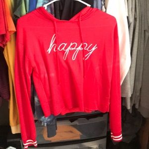 “Happy” embroidered red cropped hooded long sleeve